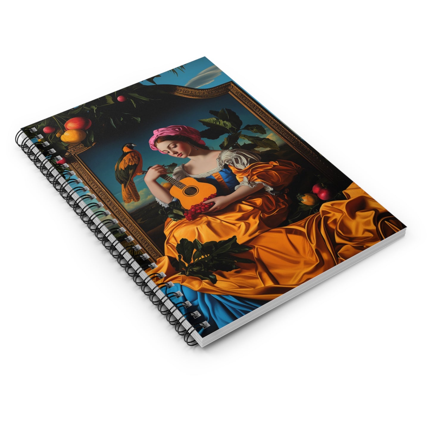 Elegant Spiral Notebook - Artistic Design with Floral and Parrot Motif Guitar Girl