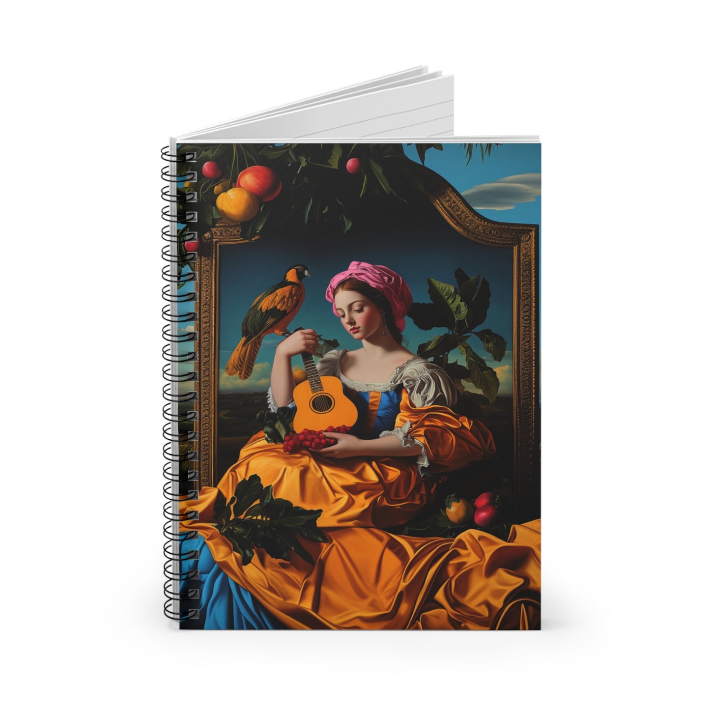 Elegant Spiral Notebook - Artistic Design with Floral and Parrot Motif Guitar Girl