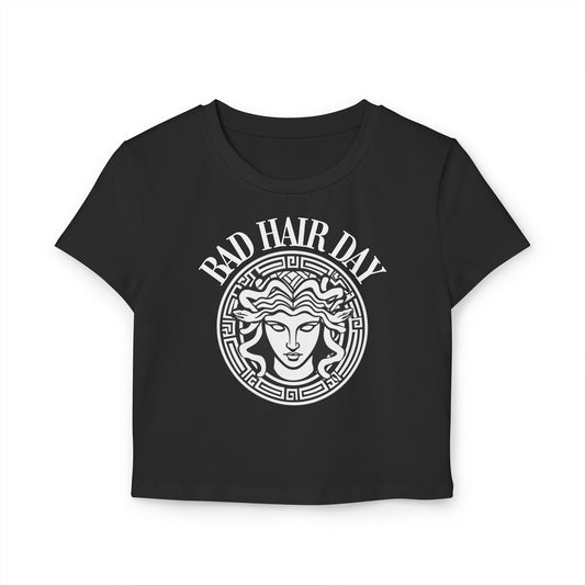 Funny 'Bad Hair Day' Medusa Women's Baby Tee - Stylish, Casual Top for Everyday Wear