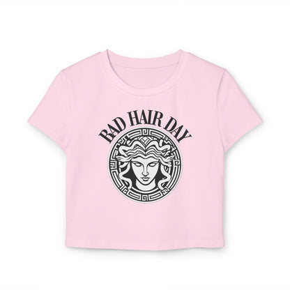 Funny 'Bad Hair Day' Medusa Women's Baby Tee - Stylish, Casual Top for Everyday Wear