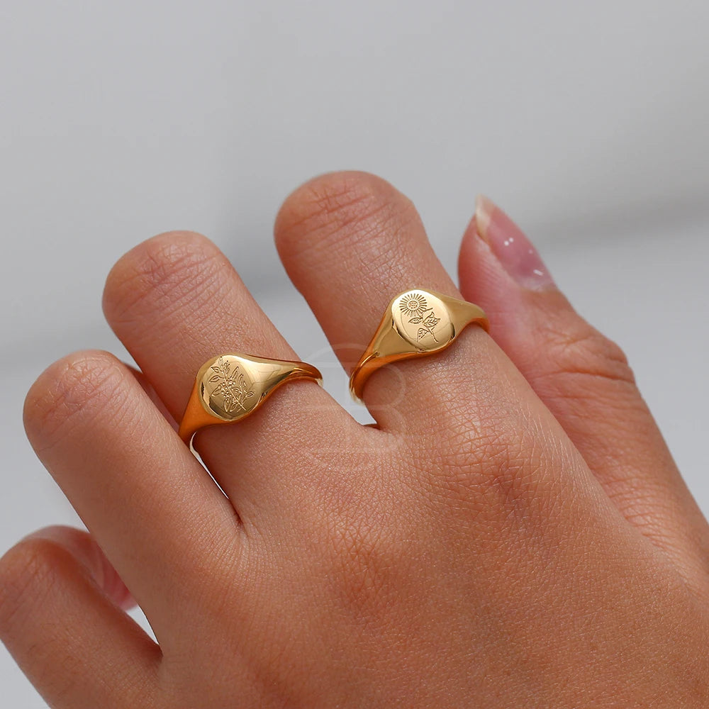 18k Gold Plated Wild Flower Signet Ring