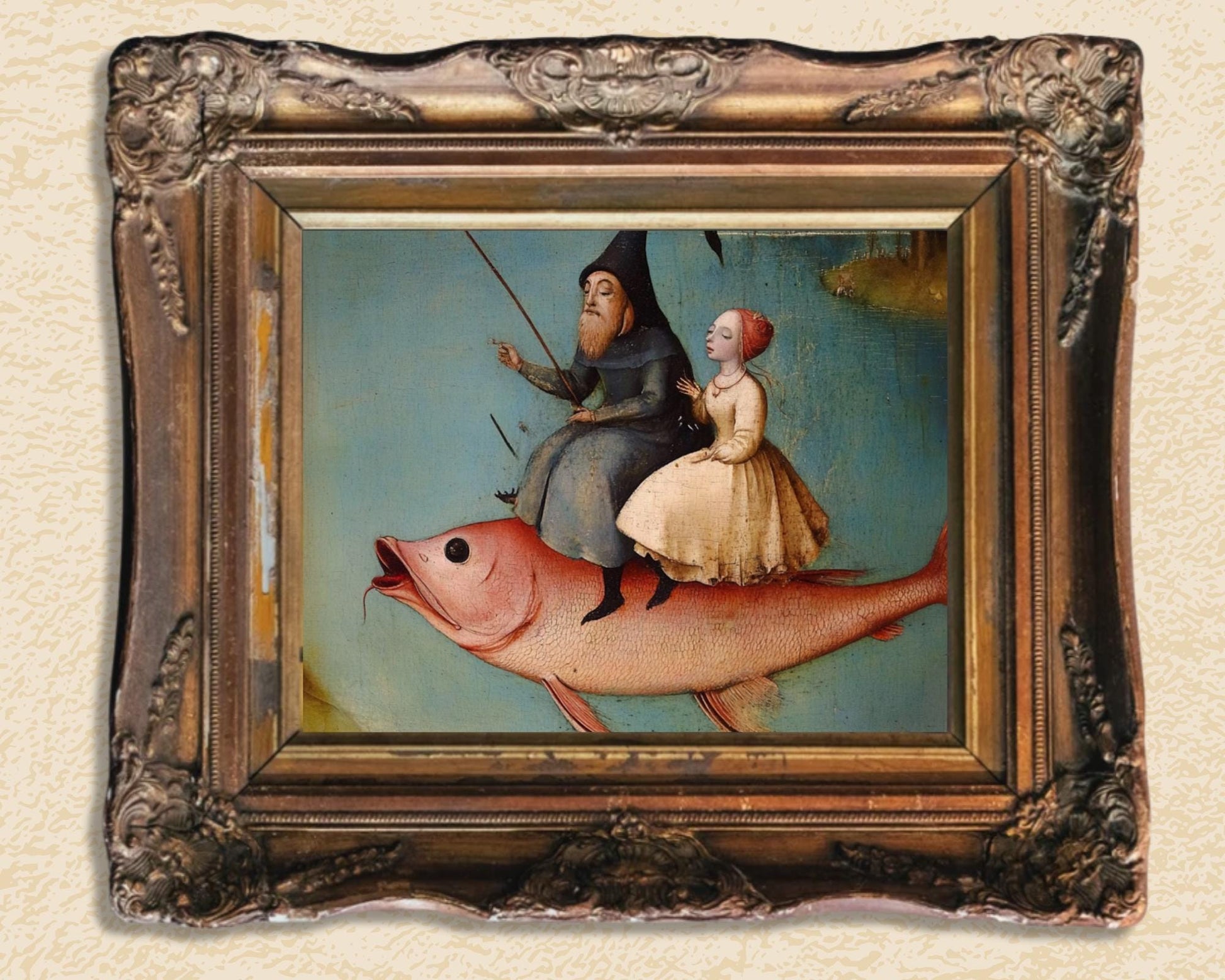 Weird Renaissance art unframed art print Hieronymus Bosch style weirdcore vintage antique 17th century 1600s bizarre old oil painting fish aesthetic kitsch quirky queer eclectic Renaissance classical fine art whimsical eccentric funky unusual medieval wall decor surreal fantasy artwork baroque gallery piece strange conversation starter historical art weird gift idea creature unique decor home art statement fantastical oil print light dark academia vibe surrealism folk master wizard tapestry art